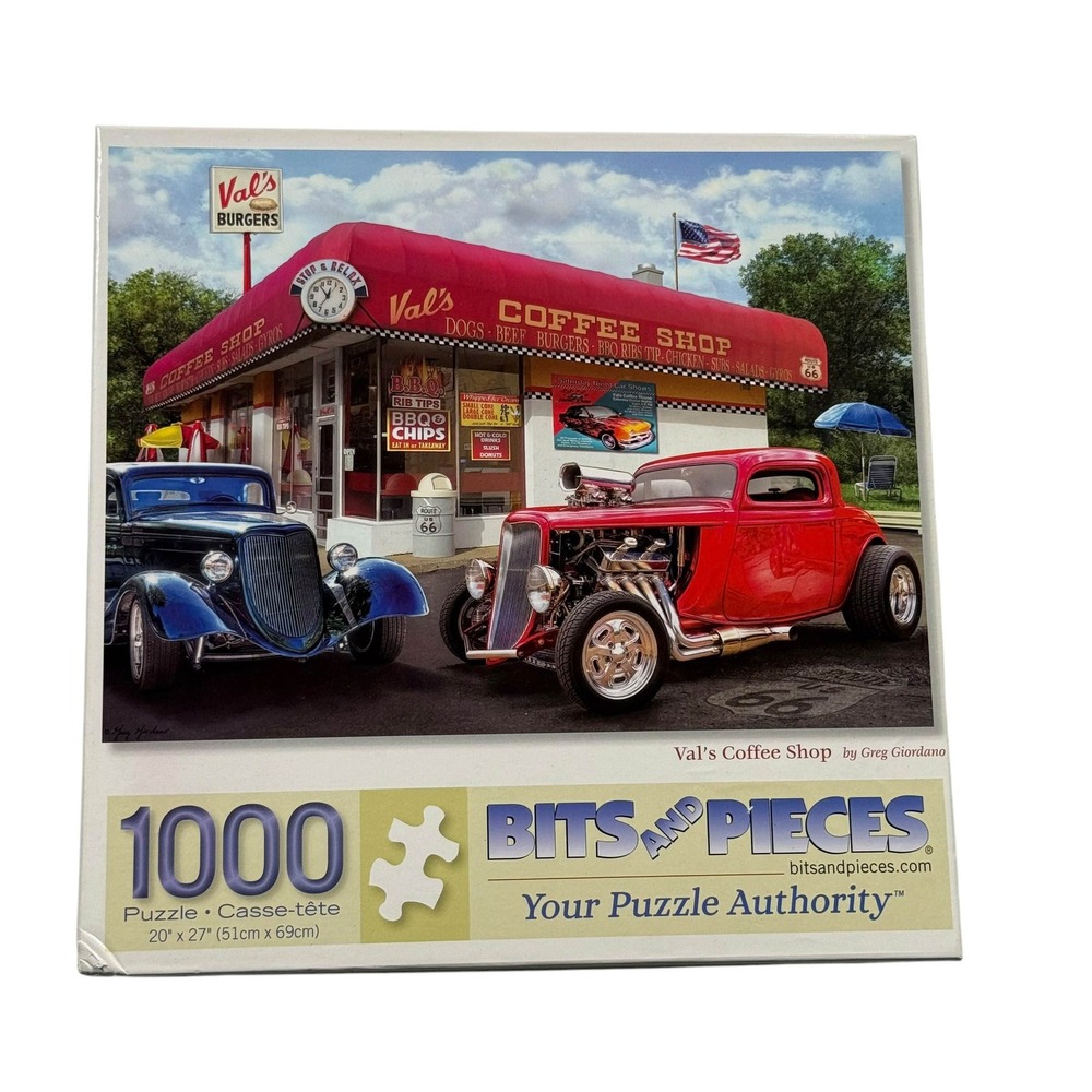 Bits and Pieces 1000 Pc Puzzle Vals Coffee Shop Greg Giordano Hot Rods UNCOUNTED